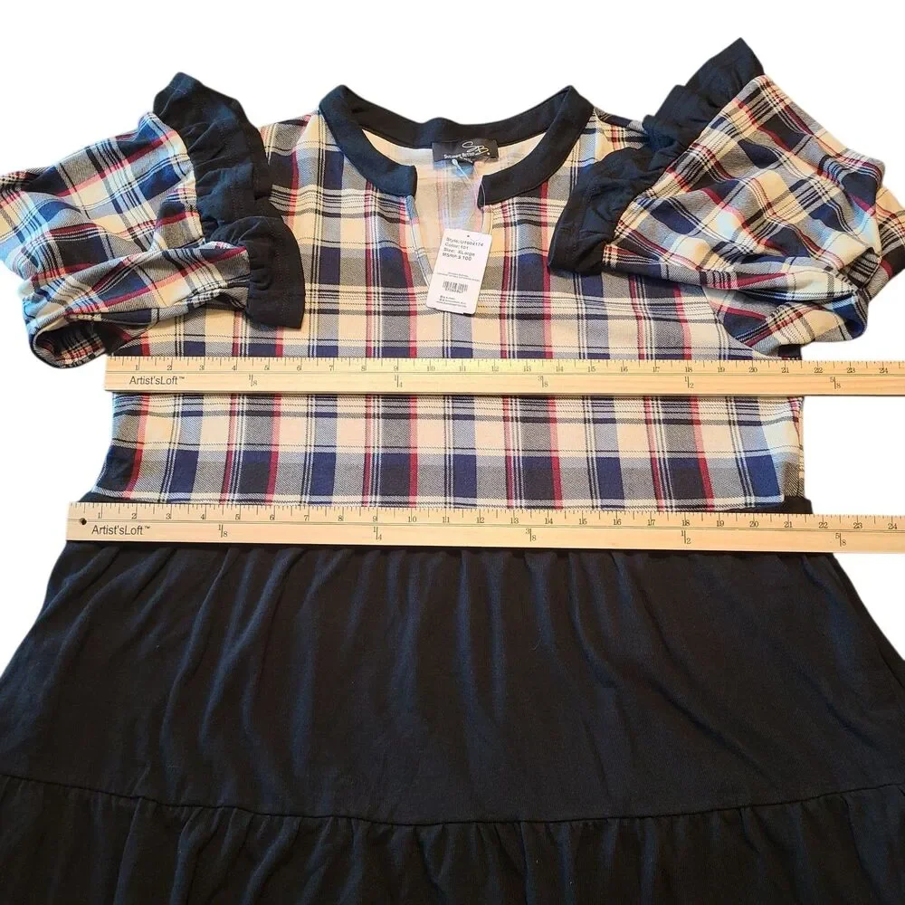 Suzanne Betro Dress XL Empire Waist Plaid Tiered Boho Mod Preppy Dark Academia - Picture 7 of 9